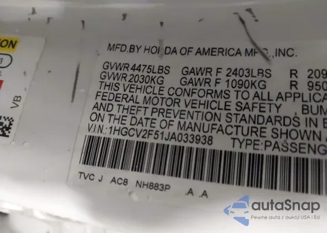 2018 Honda Accord Ex-L 2.0T из США, поврежденный, VIN 1HGCV2F51JA033938